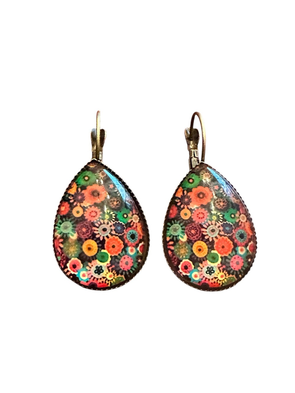 Vintage Colorful Floral Design on Teardrop Drop Earrings